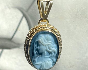 Blue Agate Cameo Necklace, Vintage necklace , 14k Solid Gold Frame, graduation gift, gift for mom, daughter gift, anniversary wife gift