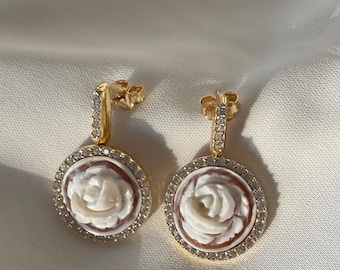 18k Gold Plated Rose Cameo Earrings, Hand Carved Seashell, Italian Zircon Dangle