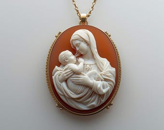 Virgin Mary Cameo Necklace, Christian Pendant, baby Jesus jewelry, 18k Gold Chain Necklace