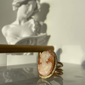 May include: A gold ring with an oval cameo depicting a woman's profile in white against an orange backdrop. The ring has a detailed, textured border and a triple-band design. The ring is displayed on a reflective surface.