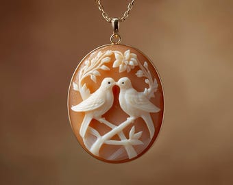 Love Birds Cameo Necklace, Italian Seashell Carving, 18k gold pendant, wife gift, anniversary, wedding day gift