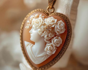 Hand-Carved Sea Shell Cameo Pendant Necklace, 18k Gold Plated Sterling Silver, Italian Artisan Craftsmanship
