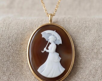 Woman With Parasol cameo, hand carved Seashell Cameo Necklace, Monet Inspired, Italian Art Jewelry, Vintage Style Art Jewelry Gift for Her