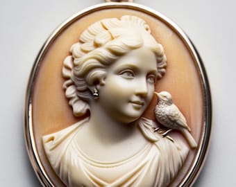 Vintage Style Cameo Necklace, Woman and Bird Pendant