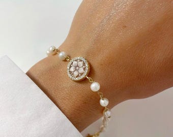 Hand-Carved Cameo Pearl Bracelet, Floral Seashell charm, Zircon Accents, 18k Gold plated Sterling Silver
