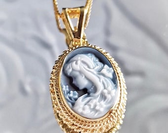 Blue Agate Cameo Necklace, Handmade Cameo 14k gold, Italian Style Jewelry, Vintage Inspired Pendant, Unique Gift for Her, gift for mum