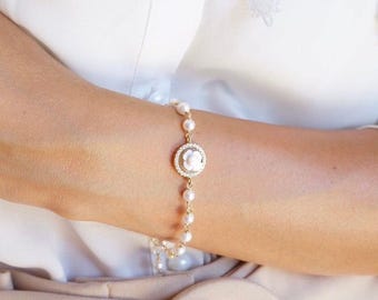 Hand-Carved Cameo Pearl Bracelet, Zircon Accents, Golden Silver Sterling 925