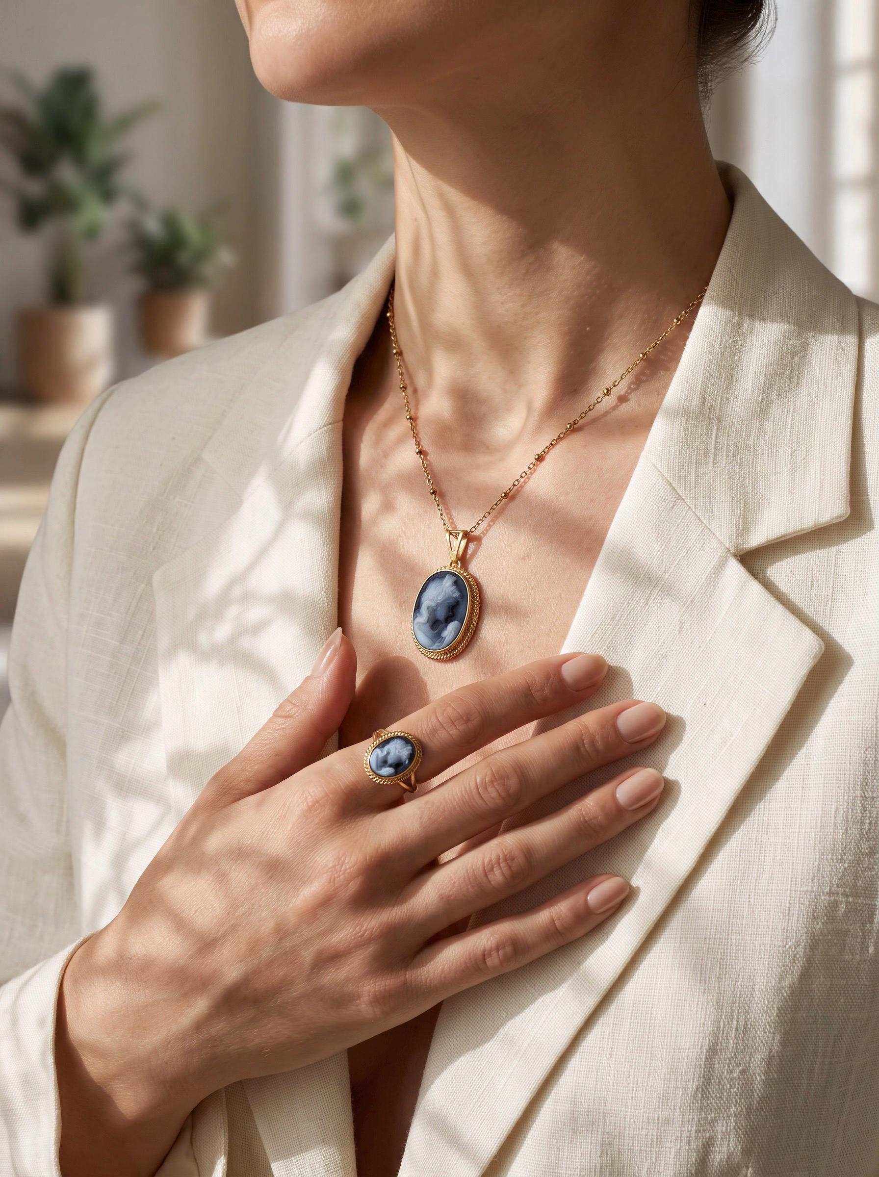 Mother & Child blue cameo necklace, 18k gold, silver sterling, made in…