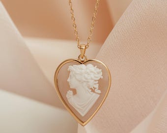 Handmade Heart Cameo Necklace, Pink Shell Lady Portrait, 18k Gold Plated Sterling Silver