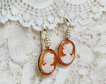 Classic cameo drop earrings, 18k gold cameo earrings, Christmas gift for her, fall wedding, gift for mother, daughter gift, Italian cameo