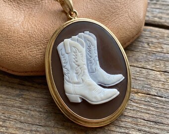 COWGIRL BOOTS cameo, hand carved Seashell Cameo Necklace, Rodeo Inspired, genuine Italian cameo, horse lover gift, western jewelry, cowboy