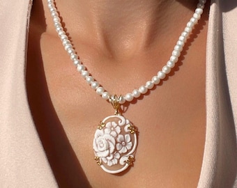 Pearl Necklace with Floral Cameo Pendant