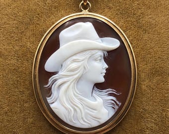 COWGIRL portrait cameo, hand carved Seashell Cameo Necklace, Rodeao Inspired, genuine italian cameo, horse lover gift, western jewelry