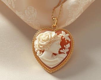 Heart cameo necklace, 18k gold plated, portrait necklace, Mother's Day gift, daughter gift, floral necklace, bridal jewelry, cameo jewelry