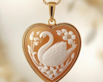 Handgeschnitzte Schwan Cameo Halskette, 18k vergoldetes Sterling Silber, italienischer Handwerkerschmuck