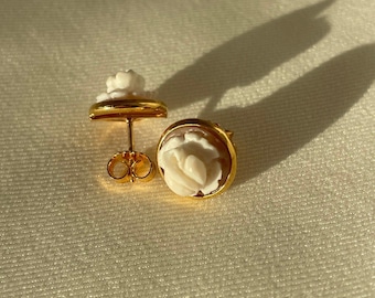 Handmade Rose Cameo Stud Earrings, Gold Plated Sterling Silver, Made in Italy