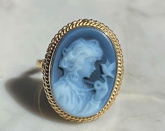Blue cameo ring, 14k gold, adjustable ring, 18k gold cameo ring, graduation gift for daughter, meaningful gift for wife, summer wedding, mom