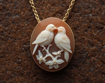 Hand-Carved Seashell Love Birds Cameo Necklace, 18k gold plated frame, Italian Artisan Jewelry