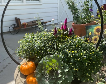 May include: A large stone planter filled with fall foliage, including orange pumpkins, green cabbage, and yellow flowers. A black metal arch frames the planter, with a white house and garage in the background.