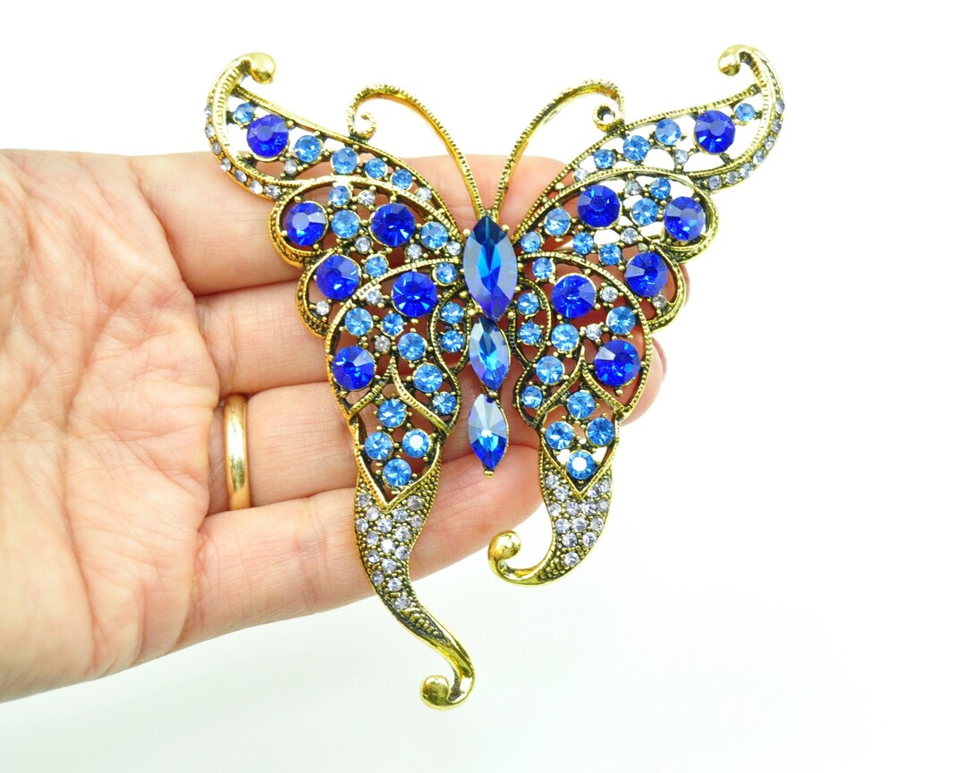 Large Crystal Blue Butterfly Brooch Blue Rhinestone Etsy