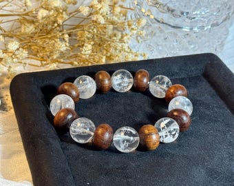 Bridal White Ghost Phantom Quartz Bracelet (14mm+) 透体婚纱白雪花幽灵木质扁珠手串
