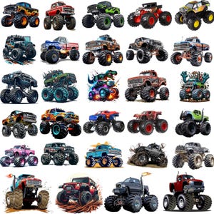 Puede incluir: Una colecci&oacute;n de ilustraciones de monster trucks coloridos. Cada cami&oacute;n presenta neum&aacute;ticos de gran tama&ntilde;o y dise&ntilde;os &uacute;nicos, incluyendo llamas, banderas y personajes de dibujos animados. Los camiones son de varios colores, como rojo, azul, verde y morado.