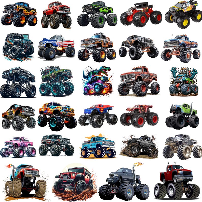 Puede incluir: Una colecci&oacute;n de ilustraciones de monster trucks coloridos. Cada cami&oacute;n presenta neum&aacute;ticos de gran tama&ntilde;o y dise&ntilde;os &uacute;nicos, incluyendo llamas, banderas y personajes de dibujos animados. Los camiones son de varios colores, como rojo, azul, verde y morado.