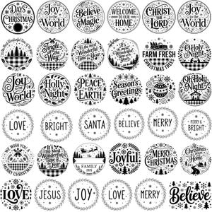 May include: A collection of black and white Christmas-themed circular designs. Each design features festive phrases like "Joy to the World," "Merry Christmas," and "Believe." Some designs include illustrations of trees, snowflakes, and a farmhouse truck.