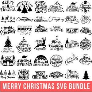 Könnte beinhalten: Eine Sammlung von schwarz-weißen SVG-Designs zum Thema Weihnachten. Die Designs umfassen verschiedene Textstile, Weihnachtsbäume, Rentiere und Feiertagsornamente. Der Text "Merry Christmas SVG Bundle" befindet sich unten.