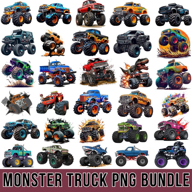 Puede incluir: Una colecci&oacute;n de ilustraciones de monster trucks coloridos. Los camiones presentan varios dise&ntilde;os, incluyendo llamas, dinosaurios y gr&aacute;ficos de tiburones. El texto "MONSTER TRUCK PNG BUNDLE" est&aacute; en la parte inferior.