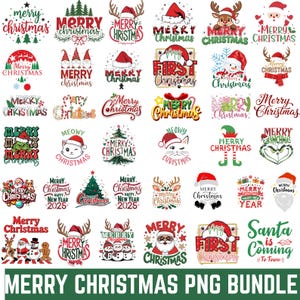 Puede incluir: Una colección de diseños gráficos con temática navideña. Los diseños presentan textos como "Feliz Navidad", "Primera Navidad" y "Feliz Año Nuevo 2025", junto con imágenes festivas de Papá Noel, renos, muñecos de nieve y árboles de Navidad.