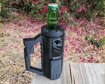 Tactical 12 oz Can Holder Sleeve with Built-In Side Can Opener | Skull Drink Cooler with Handle