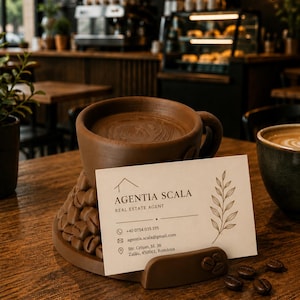 May include: A brown ceramic coffee cup holder shaped like a large mug with a base decorated with sculpted coffee beans. A rectangular white business card for Agentia Scala Real Estate Agent is placed in the holder, featuring a line drawing of a leaf.