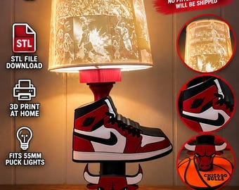 May include: A 3D printable lamp design featuring a Chicago Bulls basketball base, a sneaker-shaped stand, and a lampshade printed with basketball imagery. Text includes Chicago Bulls, STL File Download, and Fits 55mm Puck Lights.