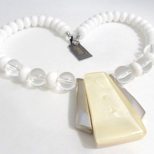 Trifari Lucite Pendant Necklace, White and Clear, Original Tags, 1980s