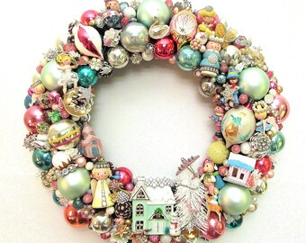 Christmas Wreath Loaded with Vintage Rhinestone Jewelry, Shiny Brite Ornaments,  Irmi Figures - Large