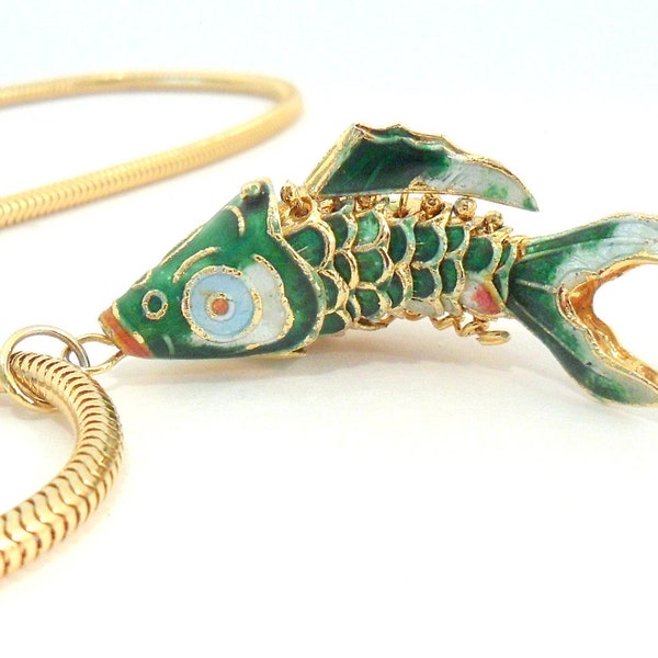 Fish Pendant, Articulated Enamel, Gold Tone Snake Chain