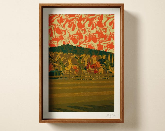 Abstract Landscape Art Print: Hand Printed Wall Art, Mid Century Modern Ochre Green Home Decor