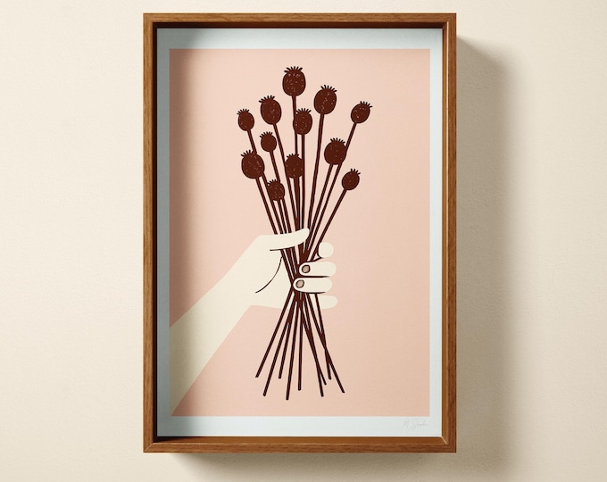 Botanical Hand with Poppy Pods, Minimalist Art Print: Modern Hand Printed, Pink Decor