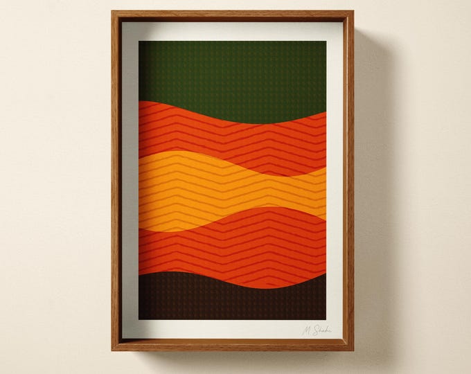 Retro Chevron Landscape Art Print: Hand Printed Wall Art, 70s Sunset, Abstract Home Decor