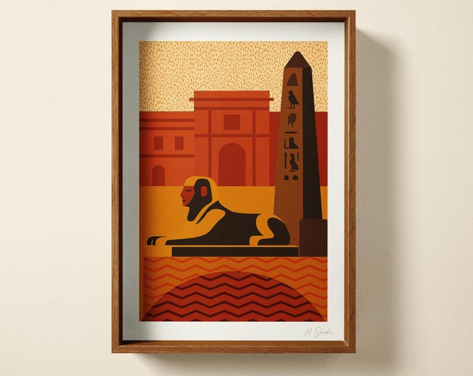 Retro Sphinx Art Print: Vintage Egypt Travel Poster, Geometric Home Wall Decor