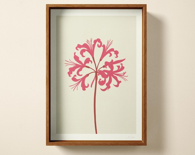 Pink Flower, Botanical Art Print: Hand Printed Wall Art, Minimalist Poster, Scandinavian Decor