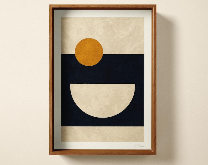 Minimalist Modern, Abstract Art Print: Navy Blue & Ochre Hand Printed Wall Art