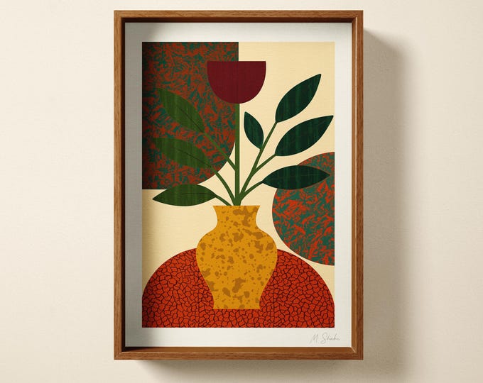 Botanical  Flower Art Print: Olive Green, Abstract Hand Printed Wall Art