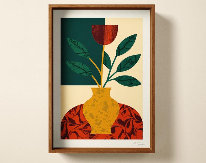 Abstract Flower, Botanical Art Print: Abstract Hand Printed Wall Art, Minimalist Decor