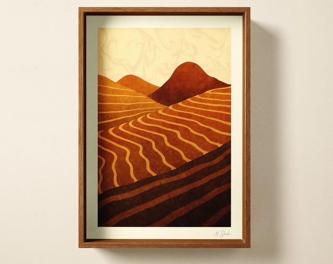 Abstract Dune, Dessert Art Print: Hand Printed Mid Century Wall Art, Ochre Home Decor