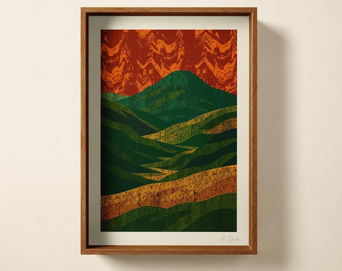 Abstract Spanish Mountain Landscape Art Print: Hand Printed Wall Art, Mid Century Home Decor