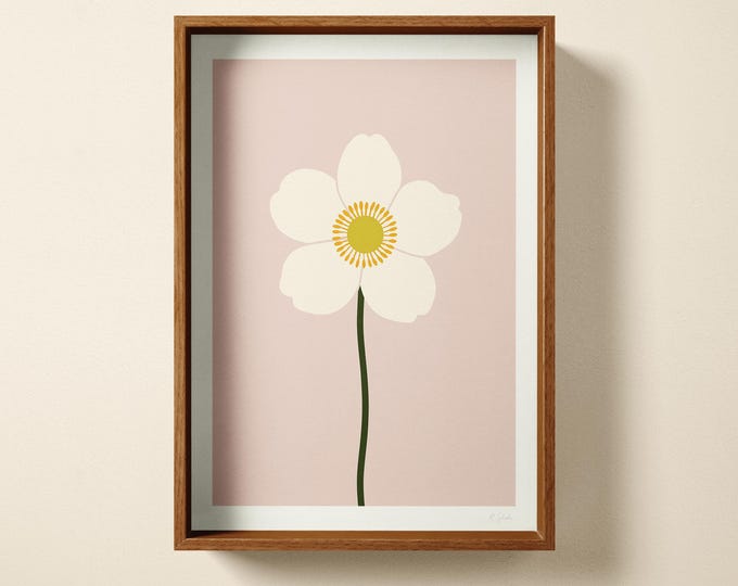 White Flower, Botanical Art Print: Scandinavian Floral Decor, Hand Printed Wall Art