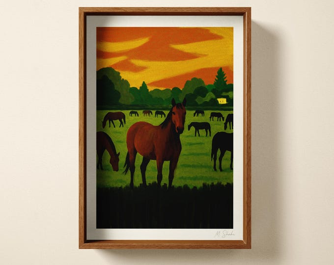 Abstract Wild Horses Art Print: Hand Printed Wall Art, Mid Century Modern Home Decor