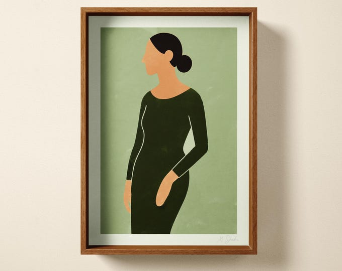 Minimalist Woman Art Print: Hand Printed Wall Art, Sage Green, Modern Home Decor